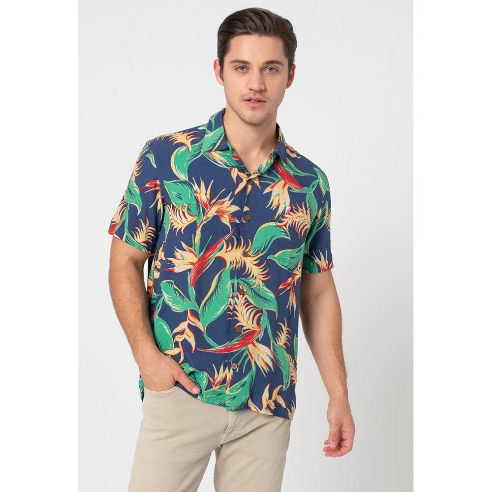POLO Ralph Lauren Tropical Button Up Shirt Blue Green Hawaiian Resort Top Sz L